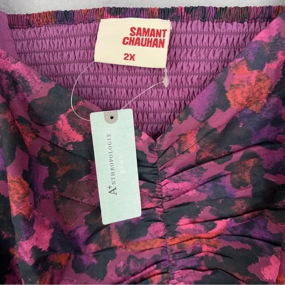 Anthropologie Samant Chauhan Blouse 2X Purple Floral Puff Square Ruched NWT - Picture 7 of 15